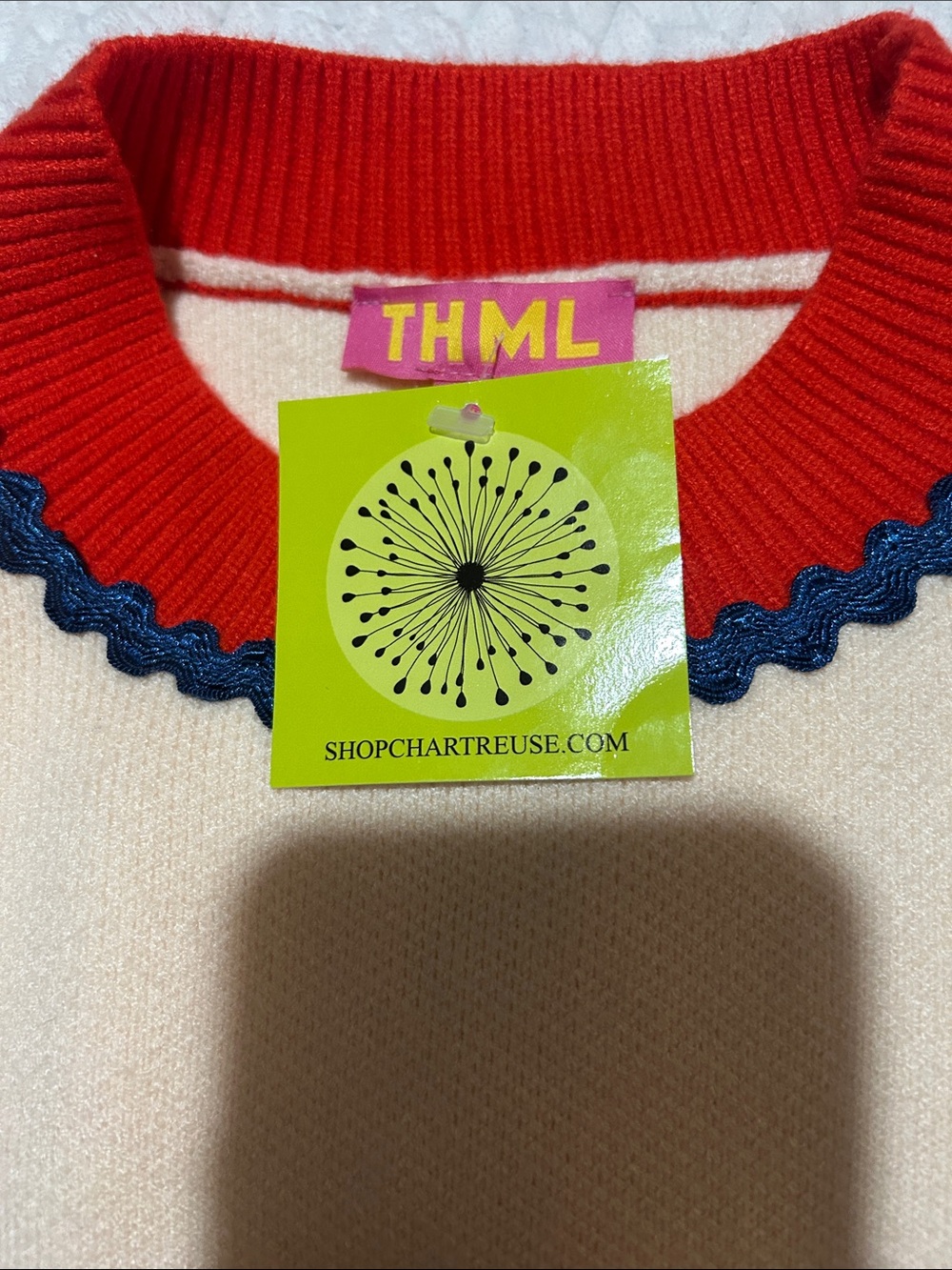 Cream Knit Sweater with Red & Blue Trim - Brand New - Picture 5 of 5